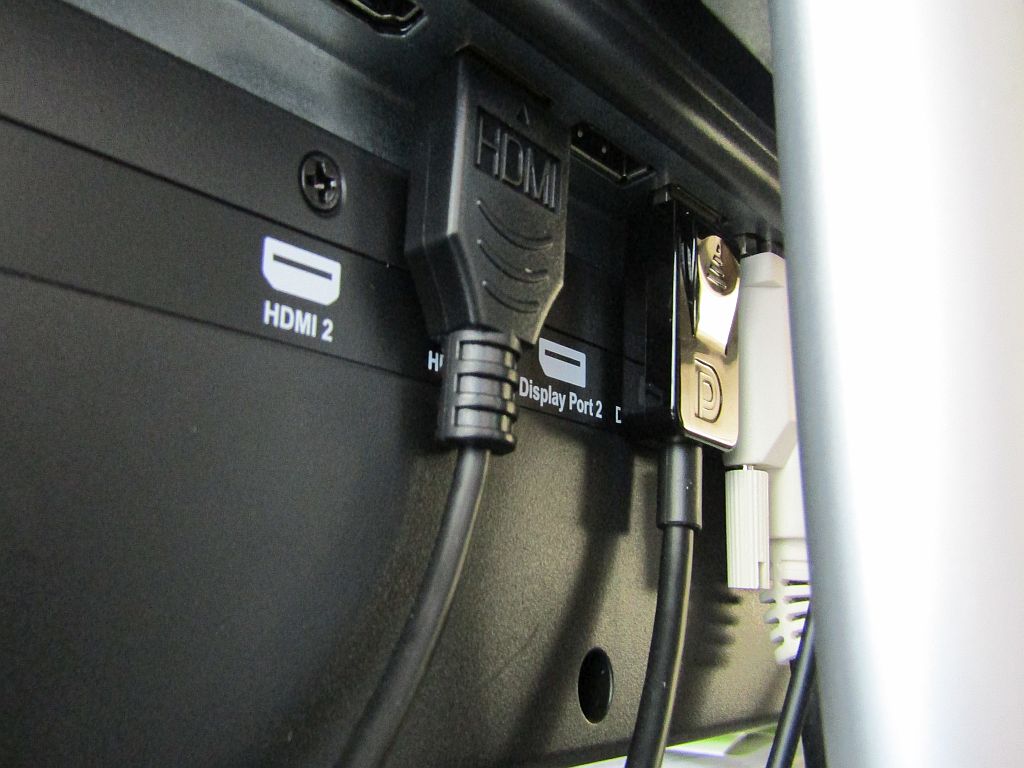 Back of 4K UHD monitor showing HDMI, DIsplayPort and DVI connectors Back of monitor showing HDMI, DIsplayPort and DVI connectors