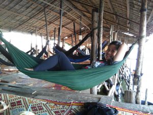 Ruby snuggles in one of the hammocks in the West Baray