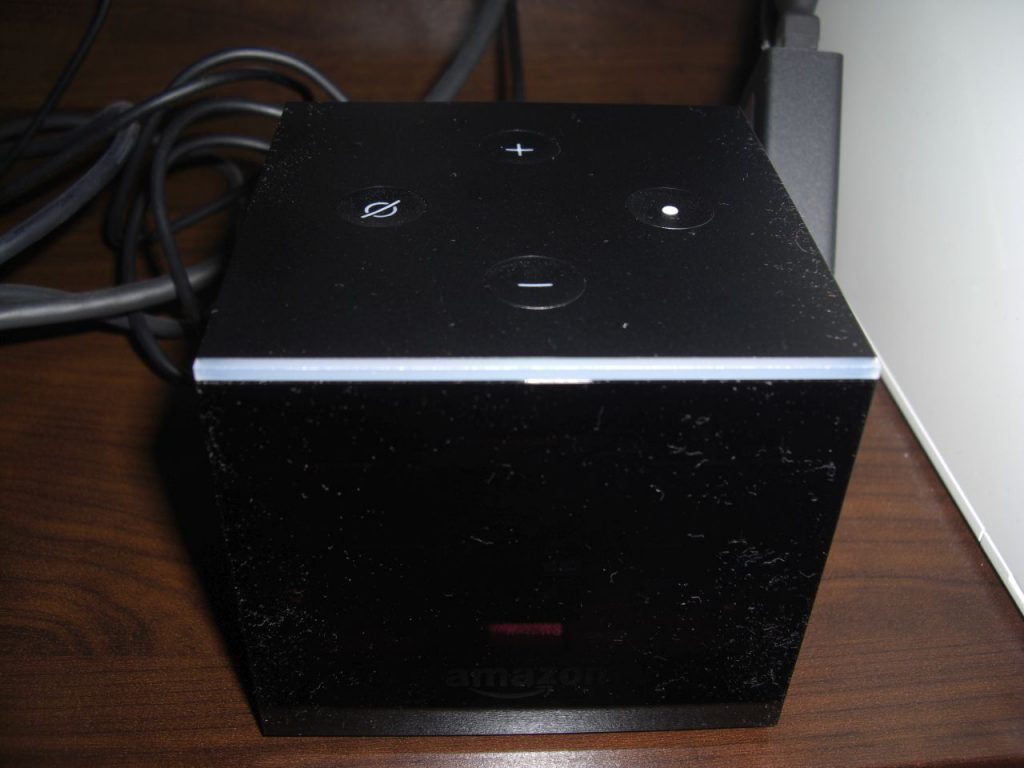 Fire TV Cube in action; connected to the web via the included Ethernet adapter