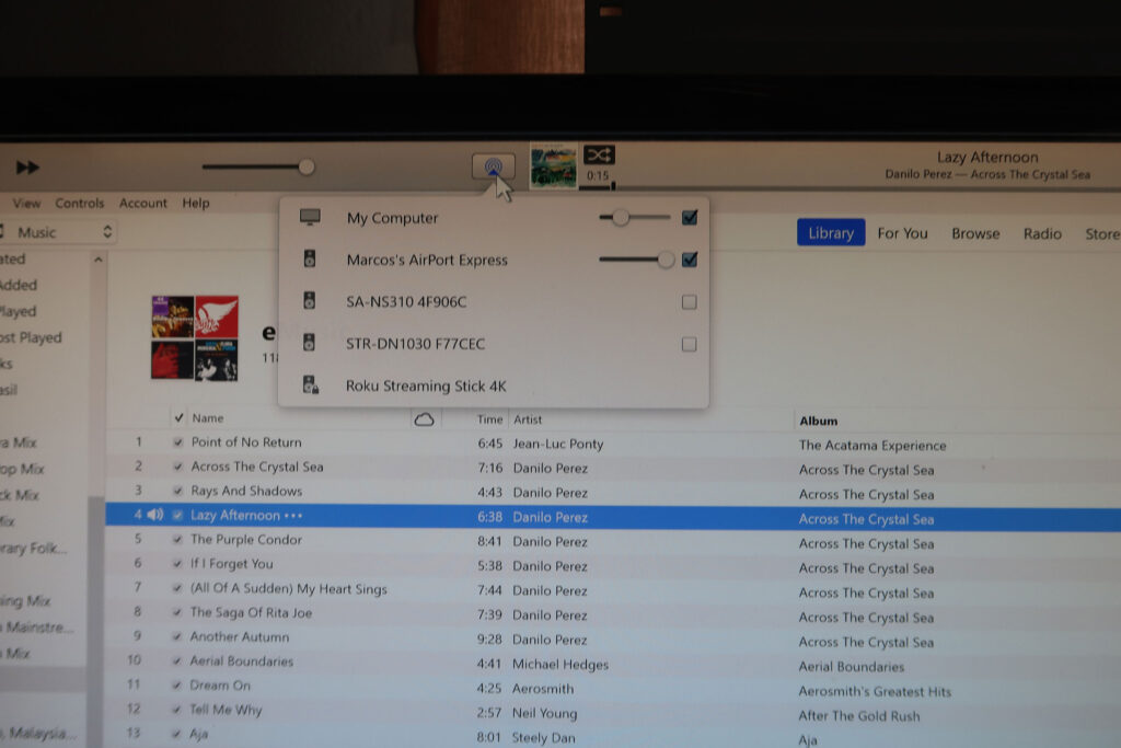 Screen capture in ITunes to show AirPlay is now enabled for the Toshiba Aurex System 15 - where the AirPort Express is connected via the AUX port.