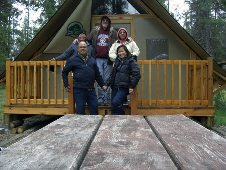 Group photo in front of our oTentik accommodation inside Jasper's Whistler campgrounds in Alberta, Canada Group photo in front of our oTentik accommodation inside Jasper's Whistler campgrounds in Alberta, Canada