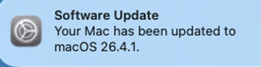 MacOS Tahoe 26.4.1 update notice.