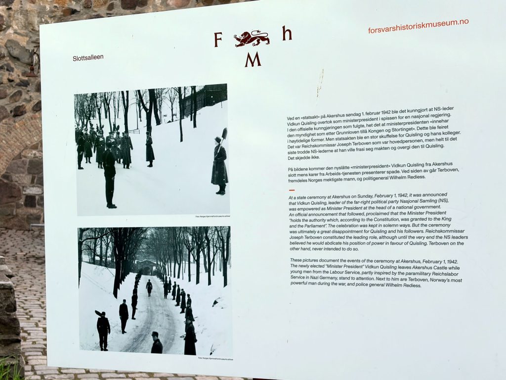 One of the several posters inside the Akershus Fortress.  The posters highlight major events that happened inside the fortress during World War II.