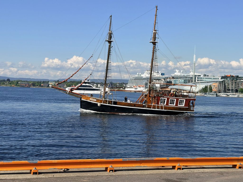 An exquisitely rebuilt schooner sails by in the cold waters of the Oslofjord in Oslo, Norway.