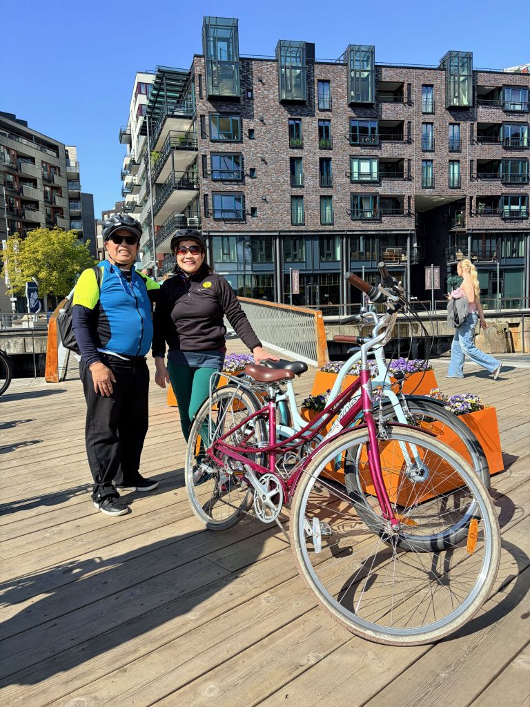 At the boardwalk in Aker Brygge Marina.  This would be our penultimate stop for the 3-hour-long Oslo Bike Tour.